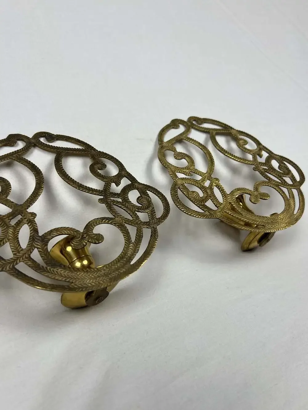 Vintage Pair of Art Nouveau Style Solid Brass Pierced Wall Sconces CandleHolders